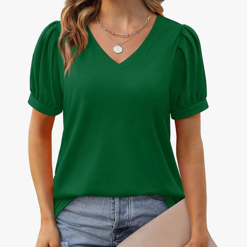 Elegant Green V-Neck Puff Sleeve Top